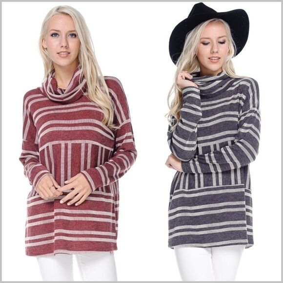 Burgundy Striped Turtleneck Pullover Top - Picture 5 of 8